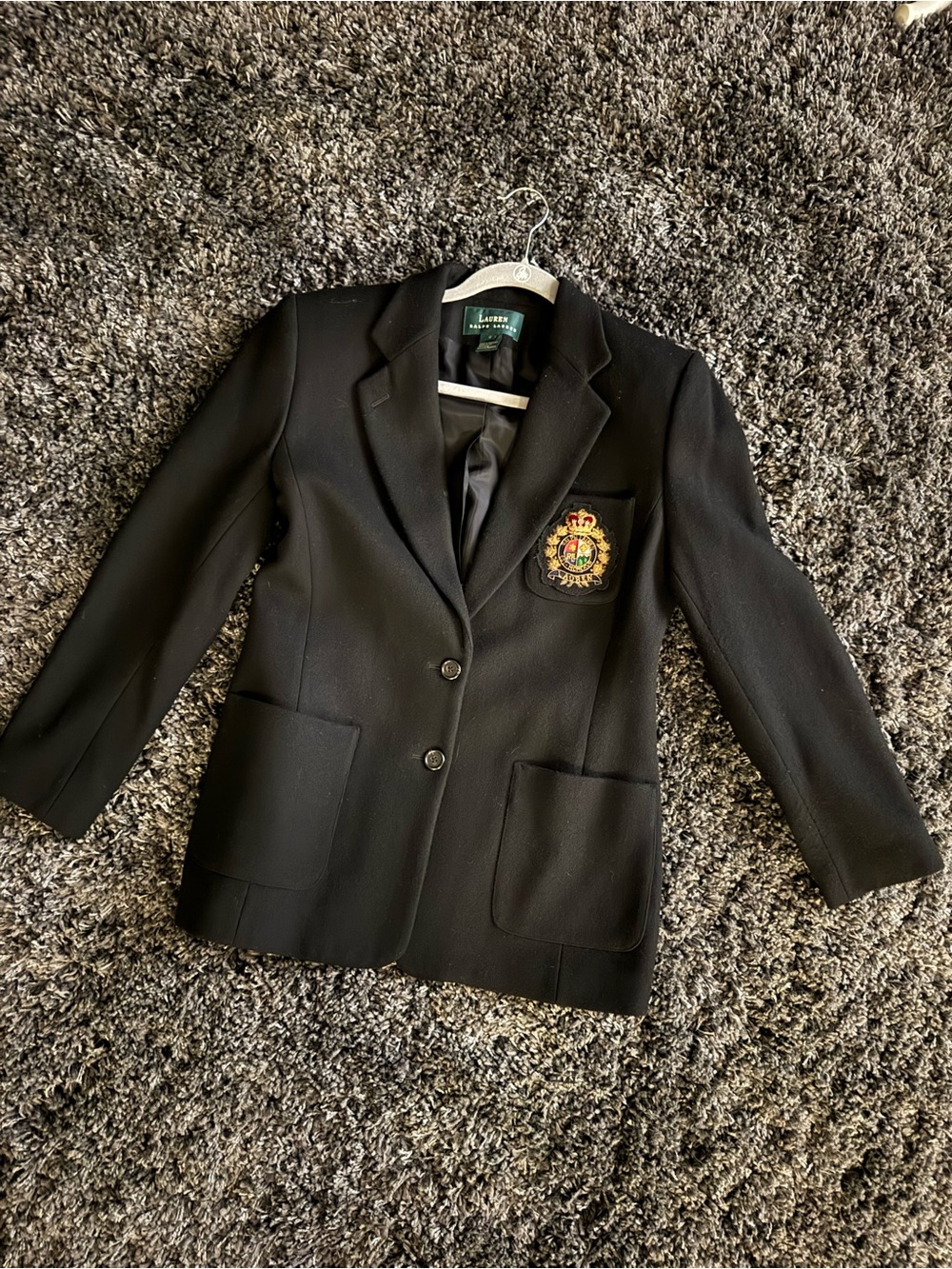 Vintage Ralph Lauren Black Wool Blazer with Embroidered Crest -Size 8
